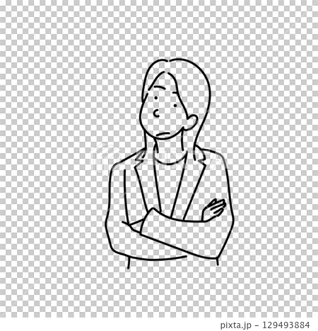 イラスト素材: 腕を組んで考える女性 ビジネス 線画 ベクター 白背景 129493884