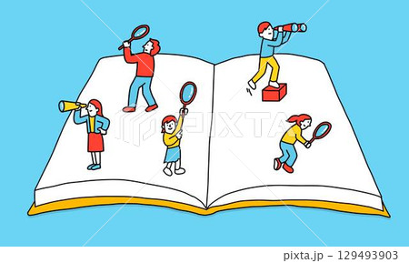 大きな本の上で虫眼鏡・双眼鏡・望遠鏡などを使って情報を探す人々のイラスト 大きな本の上で虫眼鏡・双眼鏡・望遠鏡などを使って情報を探す人々のイラスト 129493903
