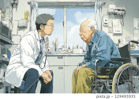 冬の在宅医療・訪問診療を受ける高齢男性と医師の交流シーン 129493935
