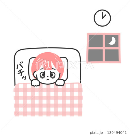 夜中に目が冴えてしまう不眠症の女性のイラスト 129494041
