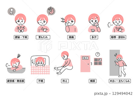 ホルモンバランスや自律神経の乱れによるさまざまな体調不良の症状を示す女性のイラストセット 129494042