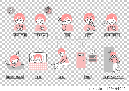 ホルモンバランスや自律神経の乱れによるさまざまな体調不良の症状を示す女性のイラストセット 129494042