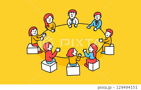 車座　丸いテーブルを囲んで話し合う人々のイラスト 129494151
