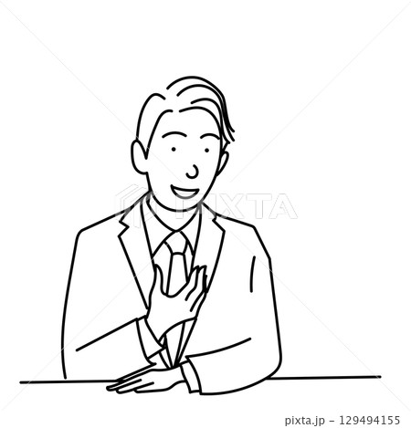 イラスト素材: 商談中に話す男性 ビジネスマン 線画 ベクター 白背景 129494155