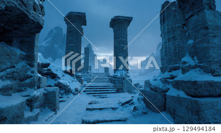Ancient ruins snow twilight cold desolate stone columns mountain landscape serene Ancient ruins snow twilight cold desolate stone columns mountain landscape serene 129494184