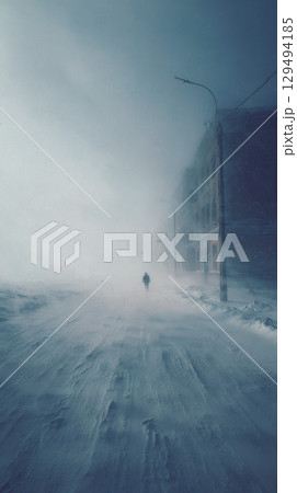 Blizzard empty street heavy snow strong wind winter urban cold lonely 129494185