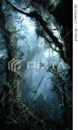 Misty cloud forest, high altitude, lush green foliage, dense trees, tranquil atmosphere Misty cloud forest, high altitude, lush green foliage, dense trees, tranquil atmosphere 129494186