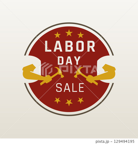 labor day round badge with tools illustration 129494195