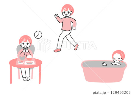 理想的な生活習慣のイラスト　ウォーキング、入浴、バランスの良い食事 129495203