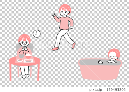 理想的な生活習慣のイラスト　ウォーキング、入浴、バランスの良い食事 129495203
