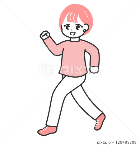 ウォーキングをする笑顔の若い女性のイラスト 129495209