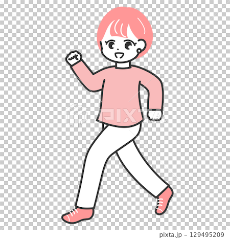 ウォーキングをする笑顔の若い女性のイラスト 129495209