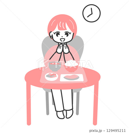 バランスの良い食事　いただきますをする女性のイラスト 129495211