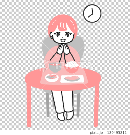 バランスの良い食事　いただきますをする女性のイラスト 129495211