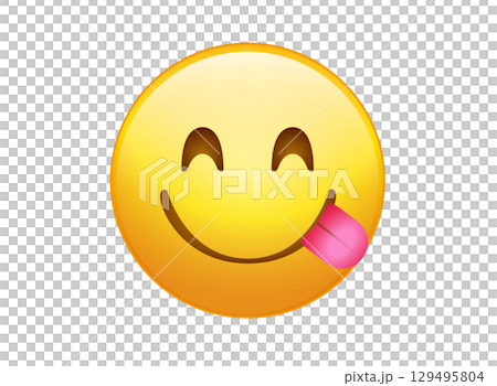 Yellow smiley, tasting food face flat icon with tongue out Yellow smiley, tasting food face flat icon with tongue out 129495804