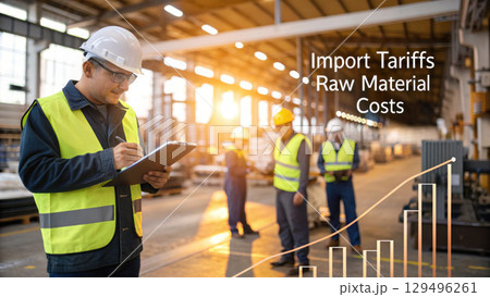 supervisor in safety vest and helmet inspects clipboard in busy manufacturing facility 129496261