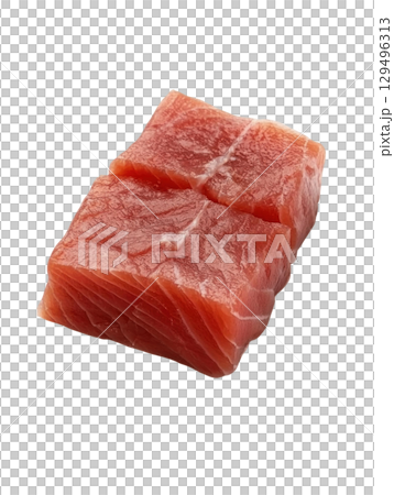 Fresh raw tuna fish cubes isolated on transparency background 129496313