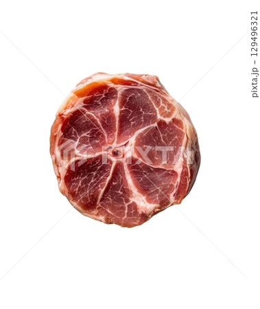 Raw pork neck slice isolated on transparency background, showing marbled texture Raw pork neck slice isolated on transparency background, showing marbled texture 129496321