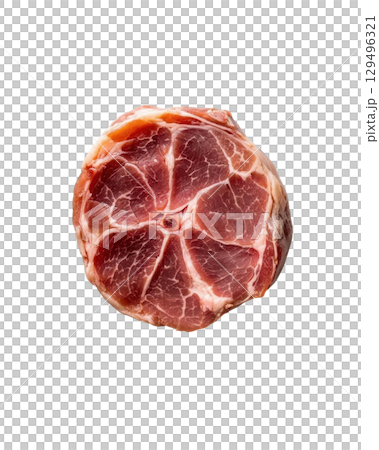 Raw pork neck slice isolated on transparency background, showing marbled texture Raw pork neck slice isolated on transparency background, showing marbled texture 129496321