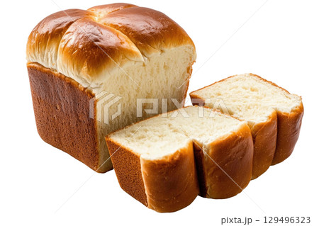 Soft and fluffy brioche bread loaf with golden crust, sliced to reveal its airy texture Soft and fluffy brioche bread loaf with golden crust, sliced to reveal its airy texture 129496323