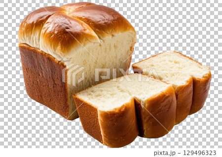 Soft and fluffy brioche bread loaf with golden crust, sliced to reveal its airy texture Soft and fluffy brioche bread loaf with golden crust, sliced to reveal its airy texture 129496323