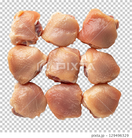 Raw boneless skin on chicken thighs arranged in grid pattern on transparency background 129496329