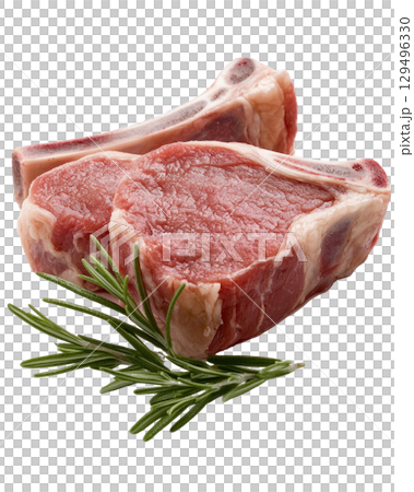 Raw lamb chops with fresh rosemary on transparency background 129496330