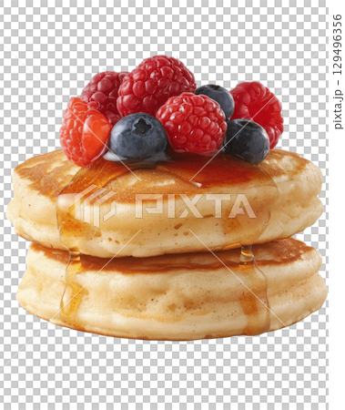 Fluffy pancakes with syrup and fresh berries on top, including raspberries and blueberries Fluffy pancakes with syrup and fresh berries on top, including raspberries and blueberries 129496356