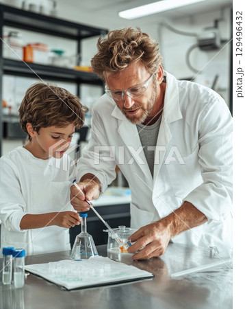 scientist teaches young boy in laboratory, fostering curiosity and learning 129496432