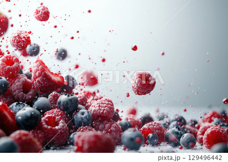 Fresh raspberries and blueberries in motion with sugar sprinkles 129496442