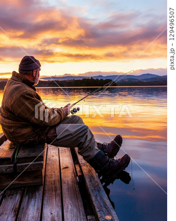 man fishing on wooden dock during vibrant sunset over calm lake 129496507