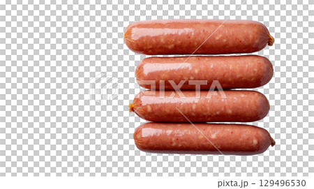 Raw sausages stacked in row on transparency background, isolated and uncooked Raw sausages stacked in row on transparency background, isolated and uncooked 129496530