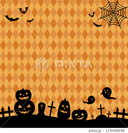 かぼちゃや墓や蝙蝠のシルエットのかわいいハロウィン背景イラスト 129496696