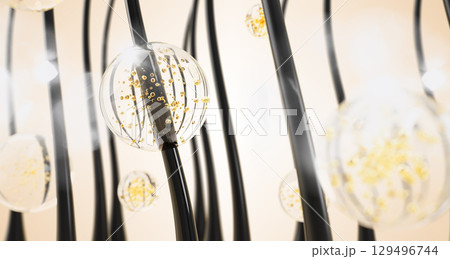 Hair with clear serum drops and gold oil bubbles. Beauty care 3d background. Liquid cosmetic spheres, biotin vitamin, keratin mask, collagen shampoo for treatment, repair, growth hair. 3D illustration Hair with clear serum drops and gold oil bubbles. Beauty care 3d background. Liquid cosmetic spheres, biotin vitamin, keratin mask, collagen shampoo for treatment, repair, growth hair. 3D illustration 129496744