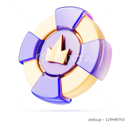 3d glass holographic casino chip icon - neon poker token with gold crown on white bg. Vip gambling currency with purple yellow stripes. Betting coin for roulette, blackjack, card game. 3D illustration 129496763