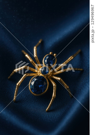 Gold spider brooch set with deep sapphire stones on dark blue satin Gold spider brooch set with deep sapphire stones on dark blue satin 129496967