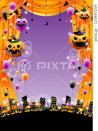 ハロウィン劇場、オレンジ、幕、街並み、かわいい、イラスト、背景、縦 129497204