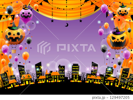 ハロウィン劇場、オレンジ、幕、街並み、かわいい、イラスト、背景、横 129497205