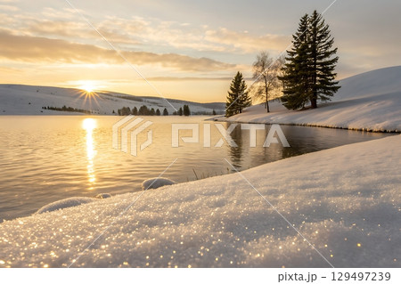 Serene Winter Landscape with Snowy Shoreline and Sunlight Reflection on Water Surface 129497239