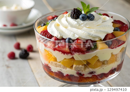 Colorful Fruit Trifle with Whipped Cream, Fresh Berries, and Layers of Creamy Goodness 129497410