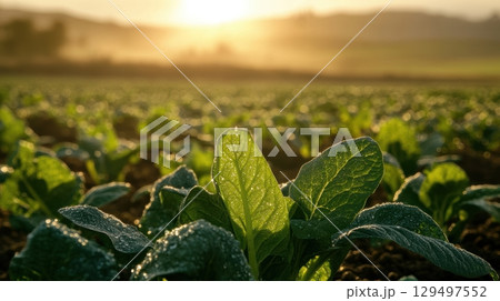Sunlit Green Leaves in a Dew-Kissed Agricultural Field at Dawn 129497552