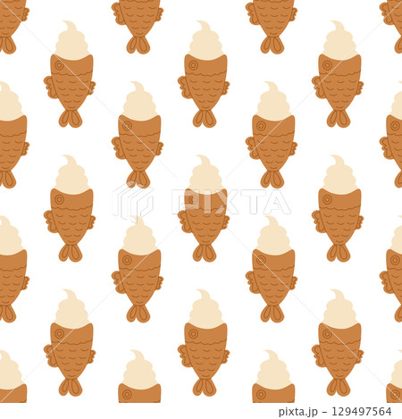 Seamless pattern. Korean bungeoppang fish waffle with ice cream. Vector flat illustration. 129497564