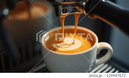 pouring coffee into a cup from espresso machine 129497672