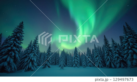 Magical northern lights over snowy forest 129497673