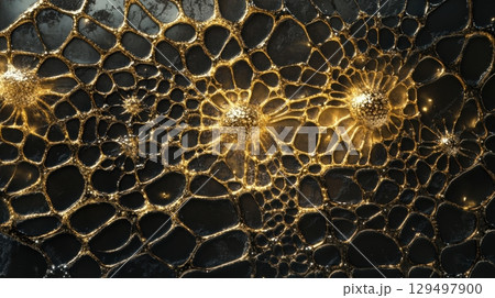 Intricate Golden Abstract Patterns with Textured Cellular Forms and Organic Shapes in Dark Background 129497900
