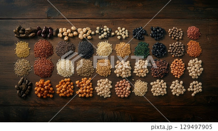 Assorted Variety of Dried Legumes and Seeds on Rustic Wooden Surface for Culinary and Healthy Cooking Inspiration Assorted Variety of Dried Legumes and Seeds on Rustic Wooden Surface for Culinary and Healthy Cooking Inspiration 129497905