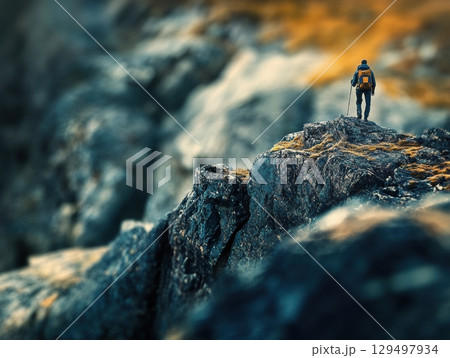 Adventurous Hiker Standing on Rocky Mountain Peak Surrounded by Gorgeous Wilderness Landscape Adventurous Hiker Standing on Rocky Mountain Peak Surrounded by Gorgeous Wilderness Landscape 129497934