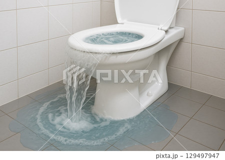 Overflowing toilet bowl with swirling blue water spilling onto tiled bathroom floor creates household plumbing emergency scene 129497947