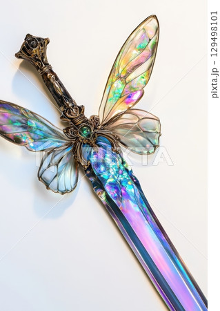 Magical sword with butterfly wings and iridescent blade reflecting colors and light in artistic craftsmanship Magical sword with butterfly wings and iridescent blade reflecting colors and light in artistic craftsmanship 129498101