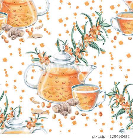 Seamless pattern with a teapot and a cup of sea buckthorn-ginger tea on a background of spots. Watercolor illustration for the design of a seasonal menu, printing on packaging, textiles. 129498422